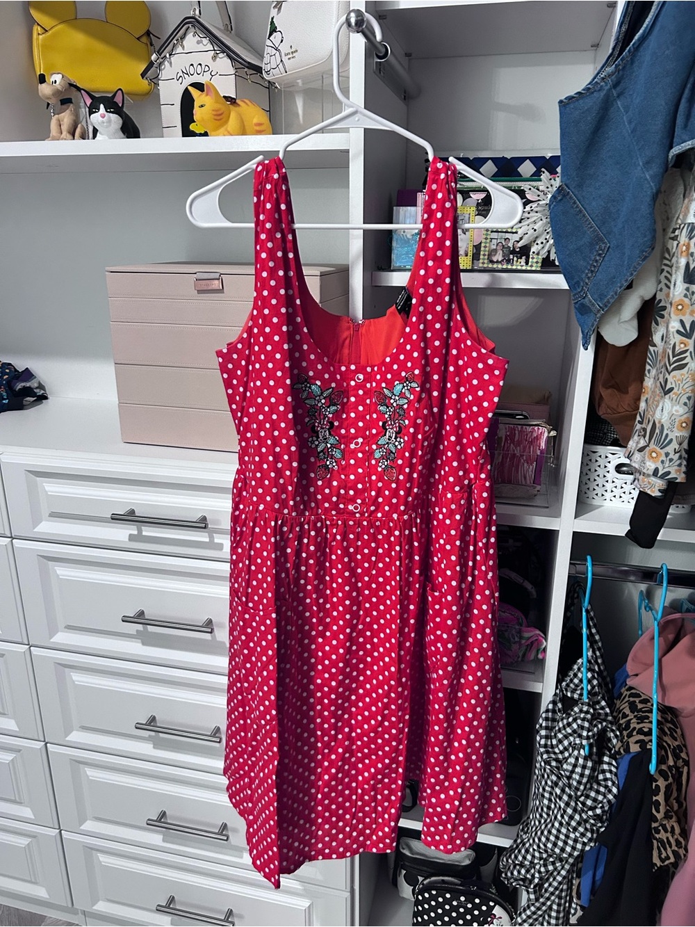 Red Polka Dot Sleeveless Casual Dress with Minnie Mouse Appliqué